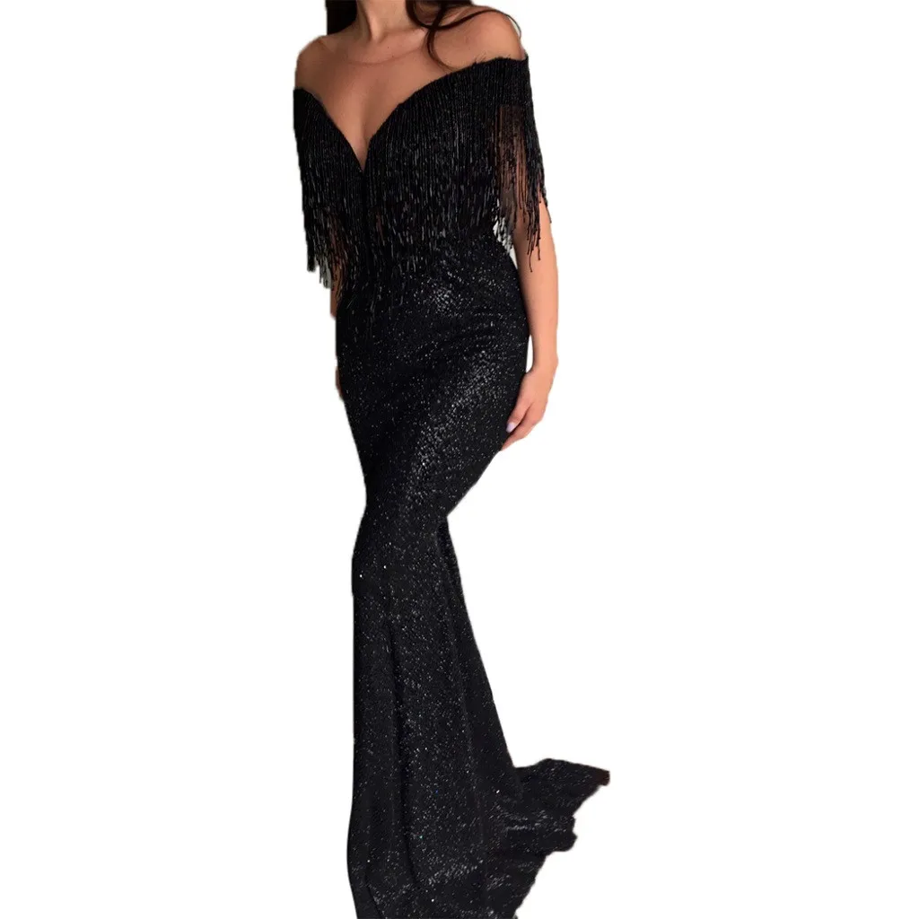 Party Sexy Bandage Dresses Woman Party Night Sexy Off Shoulder Tassel Maxi Dress Gothic Black Sequin Long Dress Bodycon Dress Party Sexy Bandage Dresses Woman Party Night Sexy Off Shoulder Tassel Maxi Dress Gothic Black Sequin Long Dress Bodycon Dress