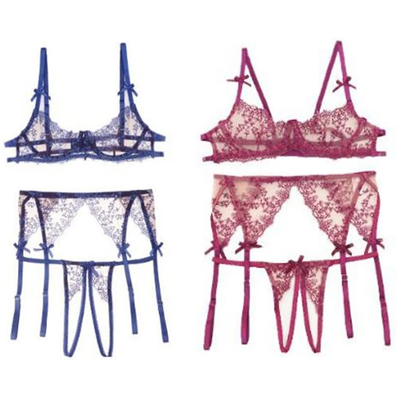 KLV Women Half Cup Bra See-through Open Crotch Briefs Panty Underwear Suit Lingerie
