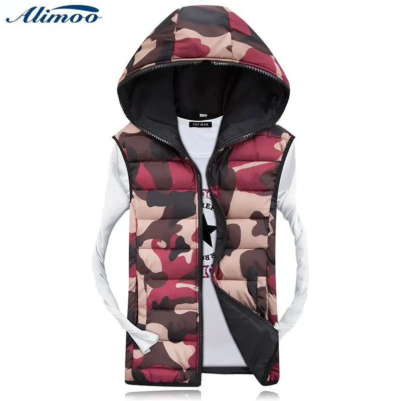 Alimoo Men's Casual Cotton Hooded Vest Camouflage Boy Vest 3 Colors