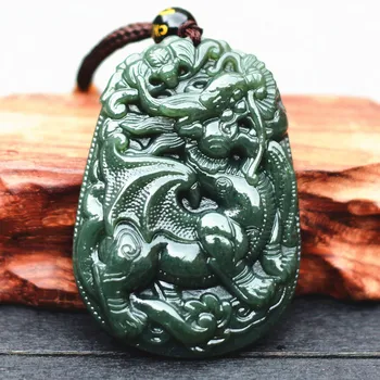 

Drop Shipping Natural Dark Green Nephrite Pendant Carved Chinese Dragon Kylin Pendant Necklace Gift For Men's Jades Jewelry