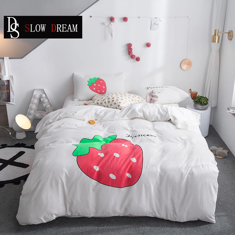 

SLOWDREAM Cute Strawberry Cartoon Bedding Set Soft Cover Set Flat Sheet Pillowcase Decor Bed Set Home Textiles Double Queen King