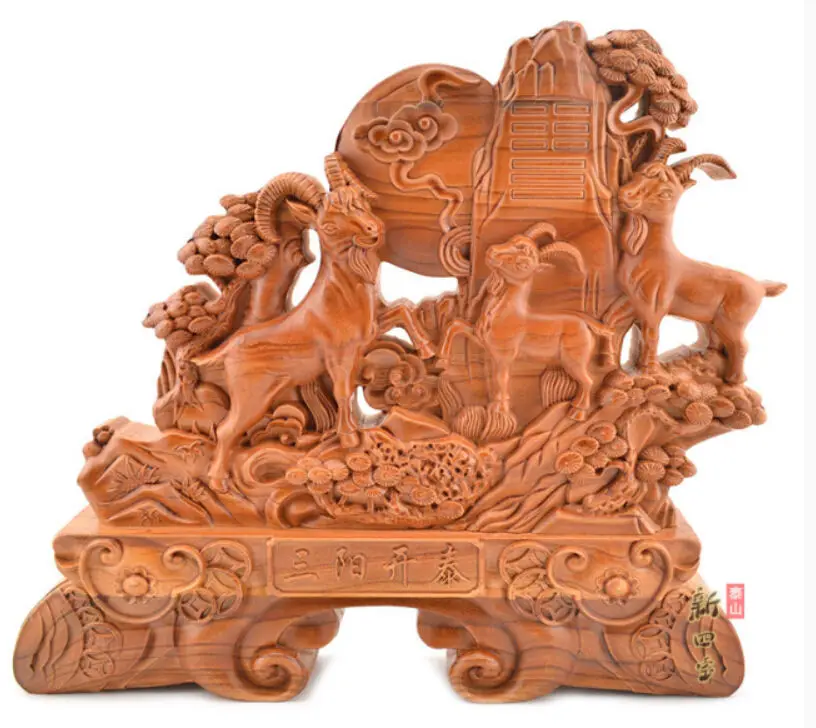 

13" China handwork peach wood Feng Shui table screen three sheep luck Statue