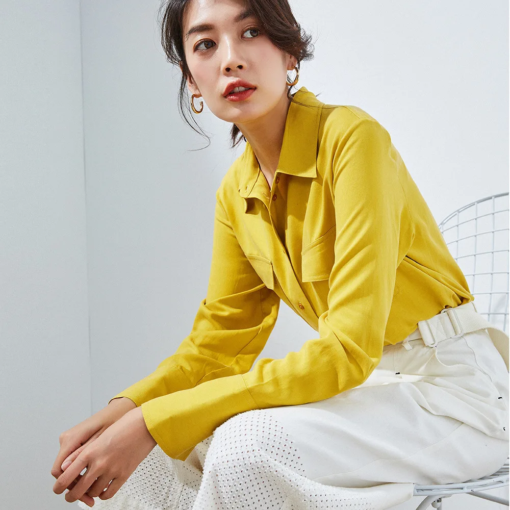 

2019 Early Spring New Tiansi Ma Double Pocket Workers Wear Long Sleeve Coat Leisure Shirt Women Blouses