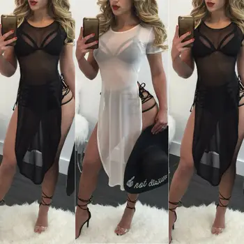 

Women Summer Chiffon See-Through Bikini Cover Up Swimwear Bathing Suit Beach Dress Long Maxi Mesh Sundress Party Clothes