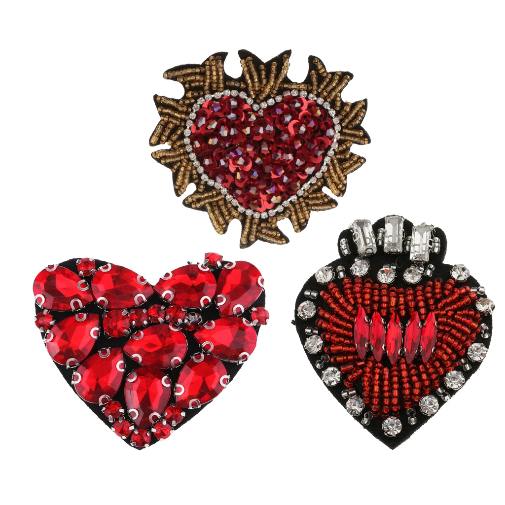 3 Pieces Beaded Crystal Love Heart Badge Applique Patch Sew On Patch DIY Sewing Accessories