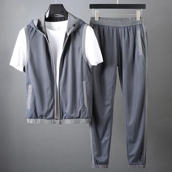

DIYLIVE summer new two-piece set Honeycomb mesh breathable sports suit Men's casual sleeveless hooded suit