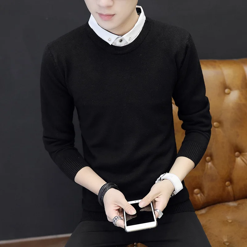 Рубашка Ложные одежда 2018 классической простотой пуловер свитер парня в полоску Одежда с длинным рукавом серый черный подростков свитера