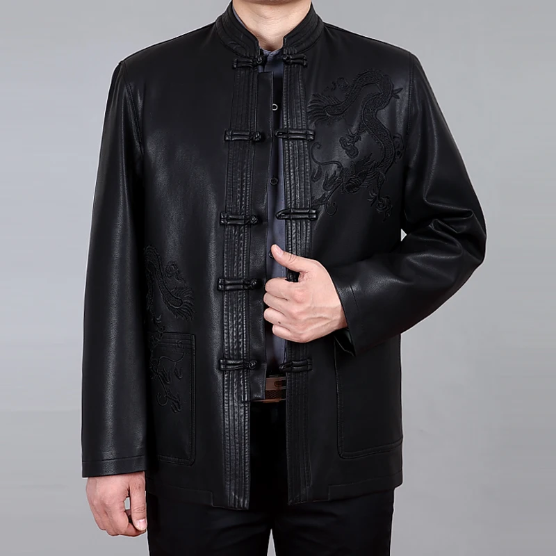 

Autumn and winter male sheepskin jacket manteau de cuir plus size embroidery belt Leather tang suit stand collar