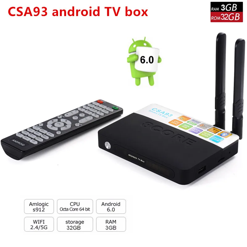 

Newest Amlogic S912 Android TV BOX CSA93 3GB 32GB Media Player 2.4G&5.8G Dual WiFi BT4.0 Gigabit Lan Android6.0 4k smart tv box