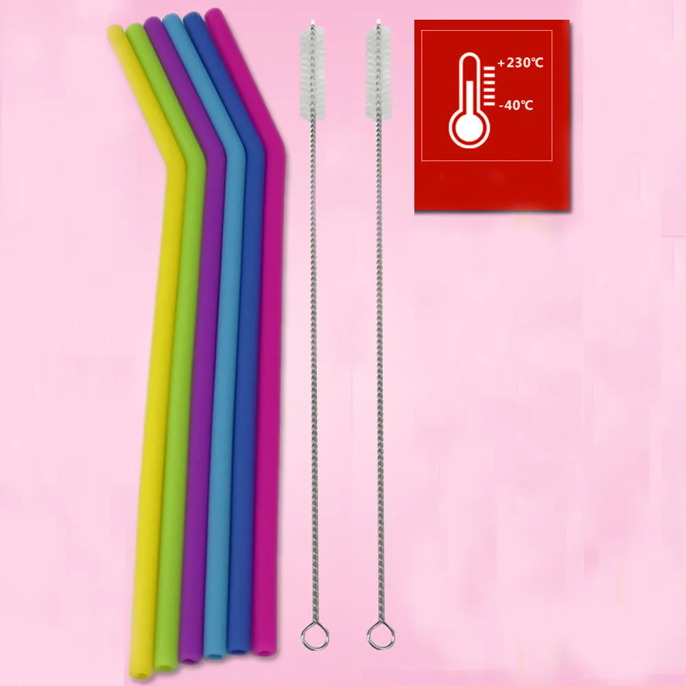 6Pcs 7mm Reusable Silicone Straws Food Grade Silicone Straws Drinking With 2Pcs Cleaning Brush