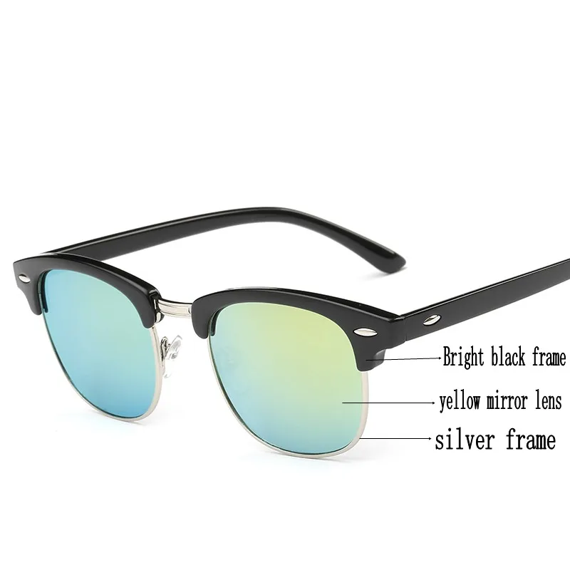 Модные солнцезащитные очки для мужчин и женщин, классические брендовые дизайнерские полуметаллические женские зеркальные очки, мужские солнцезащитные очки UV400 Oculos De Sol - Цвет линз: black yellow mirror