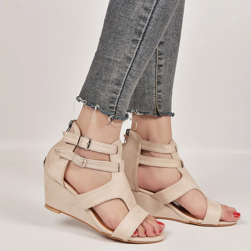 Women Sandals 2019 New Summer Fashion Flats Gladiator Wedges Shoes Woman Peep Toe Buckle Strap Solid Lady Casual Plus Size