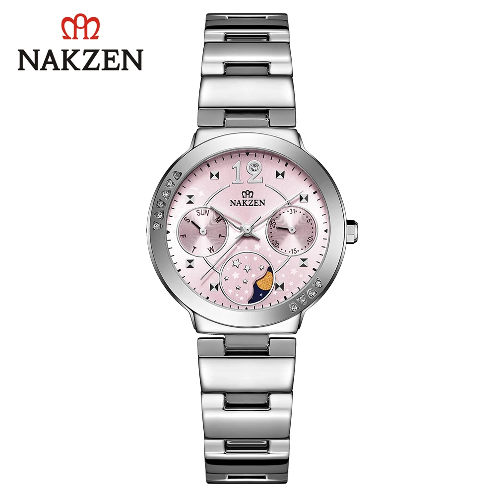 Бренд NAKZEN moon phase женские часы вишневый цвет циферблат японский движение двойной