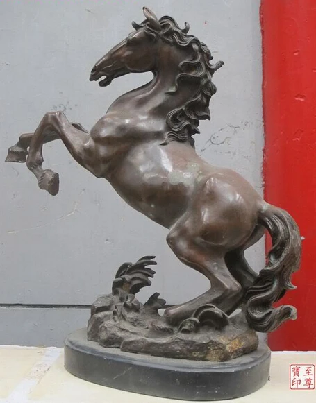 

JP S1151 20" Western bronze marble ART rise to the sky leap strong horse Animals Statue