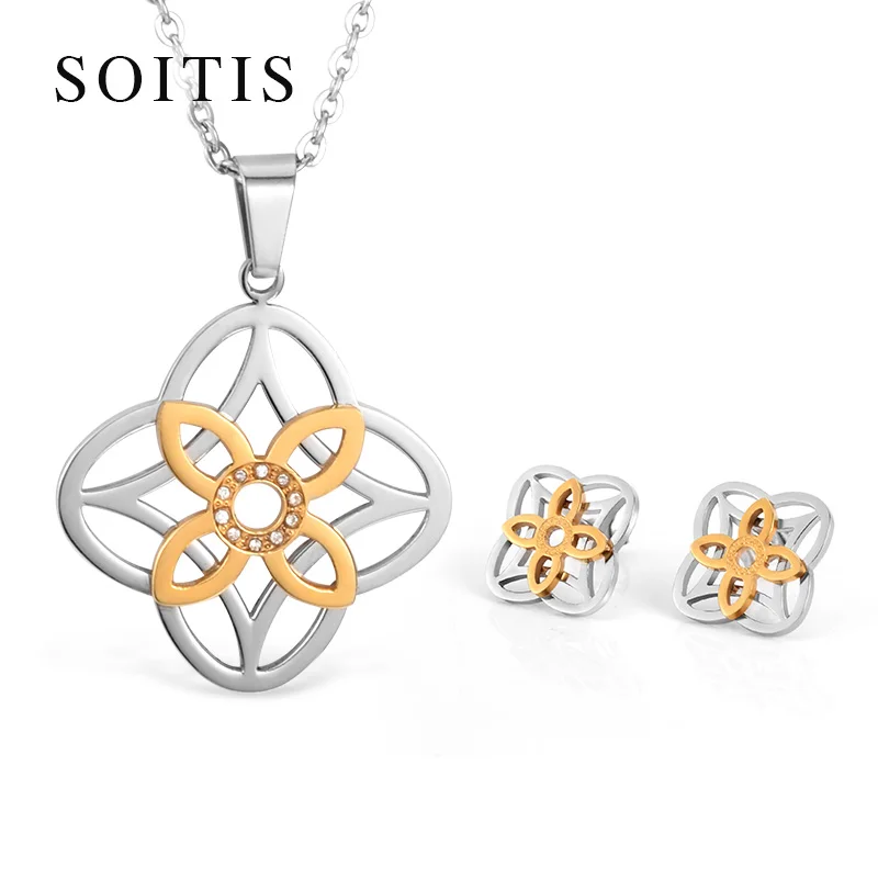 

SOITIS Silver Gold Color Stainless Steel Flower Earring Necklace Micro Rhinestone Crystal Paved Jewelry Sets for Women Party