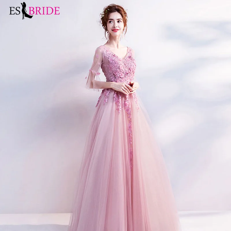 

Pink Evening Dresses Long formal Elegant A-Line Plus size short sleeve Lace Wedding Guest Dress Party Gown Vestidos ES1180