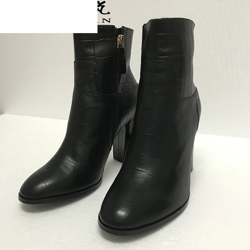 

Brand New Women High Heels Cowhide Leather Short Boots Spring Autumn Stone-embossed Zip Martin shoes Black