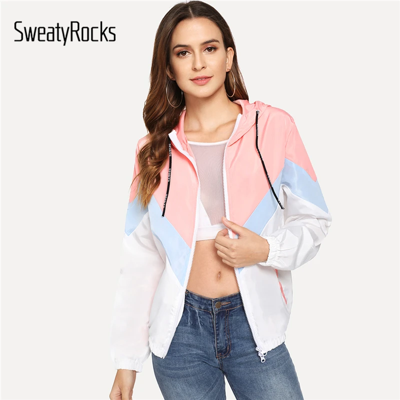 SweatyRocks Hooded Chevron Windbreaker Jacket Patchwork Jackets Women Color Block Zipper Jacket