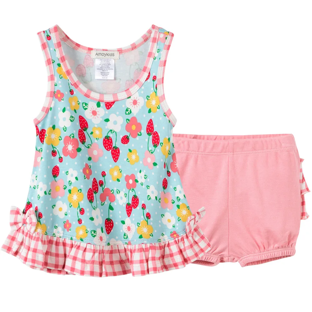 2020 Baby Girls Clothes Set 2pcs/lot Cartoon Printing Bamboo Summer Sleeveless Newborn Infant Babies Clothing | Мать и ребенок