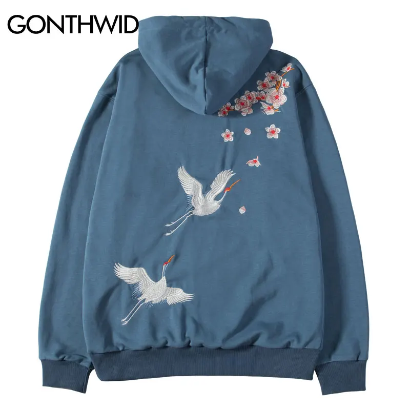 

GONTHWID Embroidered Chinese Characters Cherry Blossoms Crane Thin Hooded Sweatshirts Mens Harajuku Casual Pullover Hoodies Tops