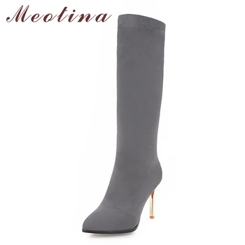 

Meotina Winter Women Socks Boots High Quality Knee High Boots Luxury Elastic Pointed Toe High Heel Boots Black Beige Gray 34-43