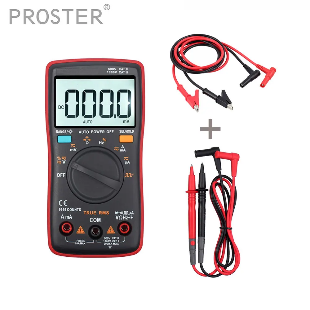 Proster CAT III 600 В Цифровой мультиметр 9999 отсчетов + Тесты приводит 10A Banana Plug кабель