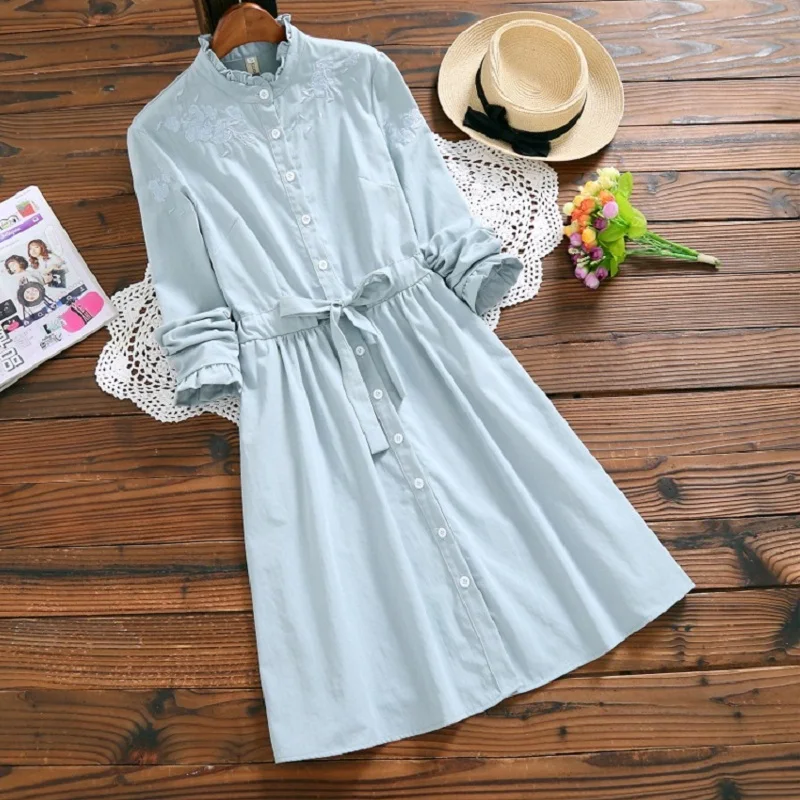 

Mori Girl Spring Fall Women Sweet Dress Ruffled Collar Pink Blue Embroidery Female Vestidos Full Sleeve String Autumn Dress S-XL
