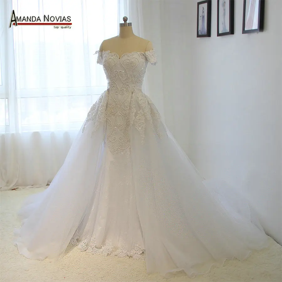 2019 Arabic Full Pearls Wedding Dresses Amanda Noivas Real Photos In