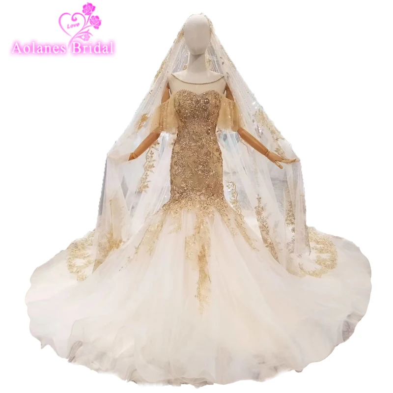 

Luxurious Fishtail Wedding Dress with Cape 2018 Top Quality Tulle Robe de mariage Gold Beads Crystals Mermaid Bridal Dresses