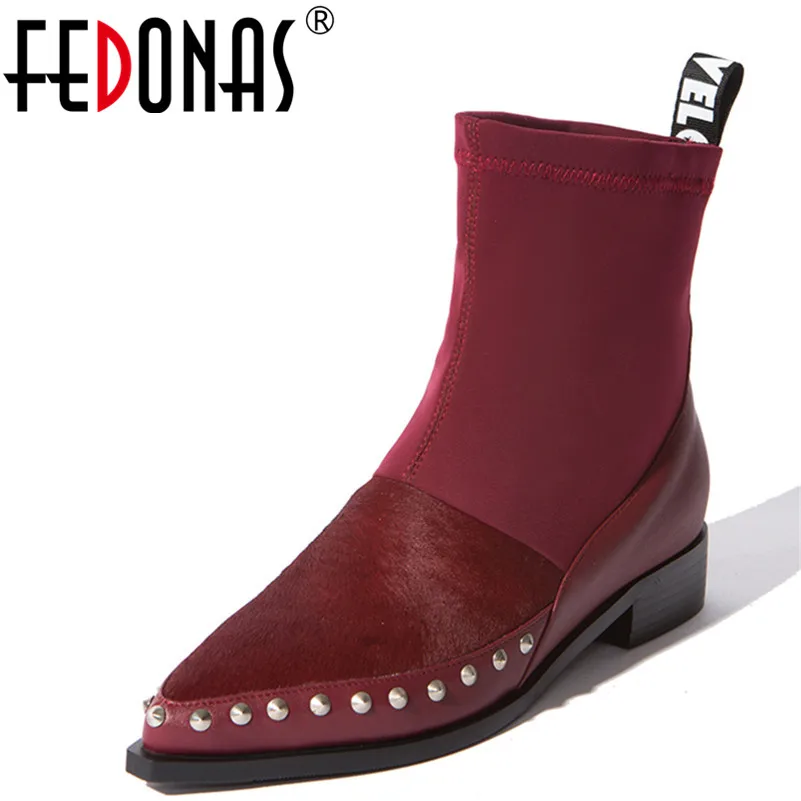 

FEDONAS 1Fashion Women Ankle Boots Horse Hair Autumn Winter Warm Square Heels Shoes Woman Pointed Toe Punk Rivet Ladies Boots