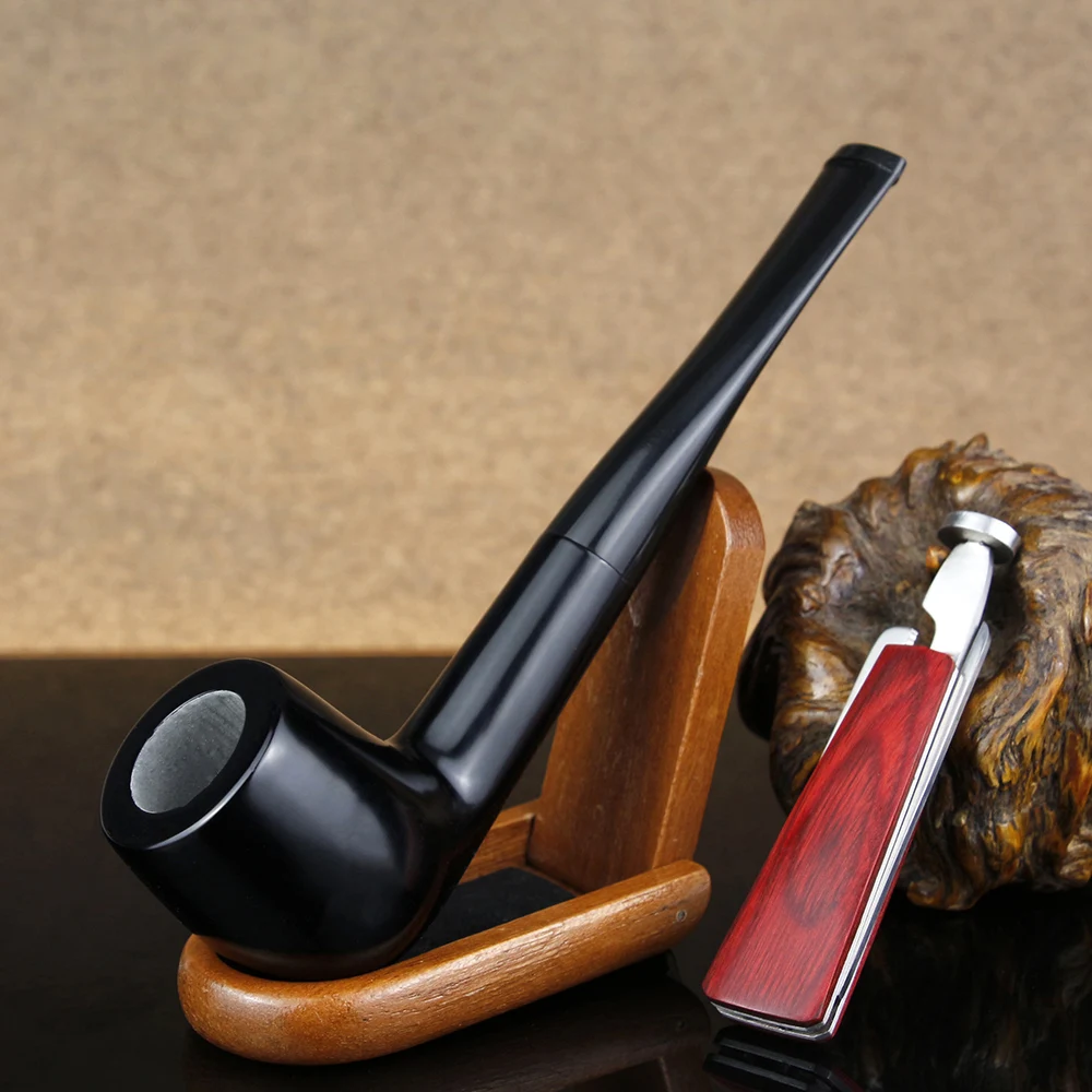 

Solid Black Smoking Pipe 9mm Filter Ebony Wood Pipe with Wooden Stand 3in1 Metal Tool Straight Tobacco Pipe Set