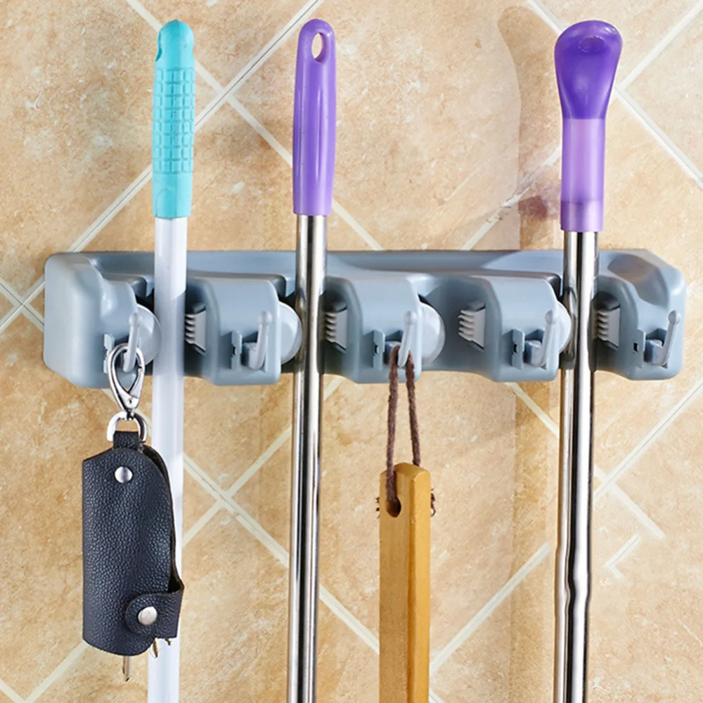 5 Position Wall Mounted Mop Holder Brush Broom Hanger Kitchen Organizer
