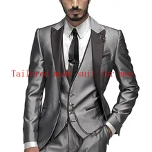 Модный костюм мужчины серебристо-серый смокинг для жениха остроконечные нагрудные Groomsmen best человек свадебное Пром ужин Мужчины Костюм(куртка+ брюки+ жилет+ галстук