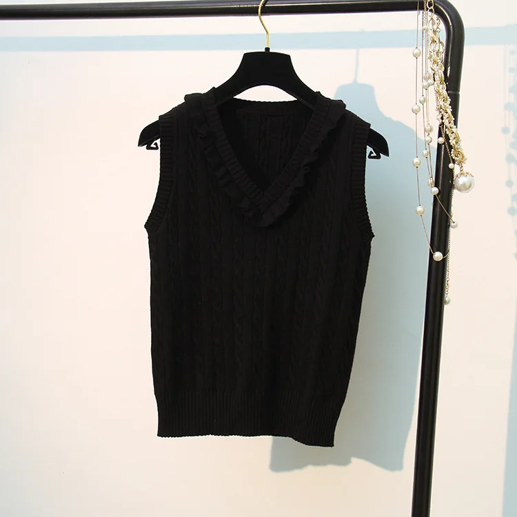 New! High Quality Spring Autumn Cashmere Sweater Vest Women Knitted Ruffles Splice Tank top Female Sleeveless Knit Pullovers 299