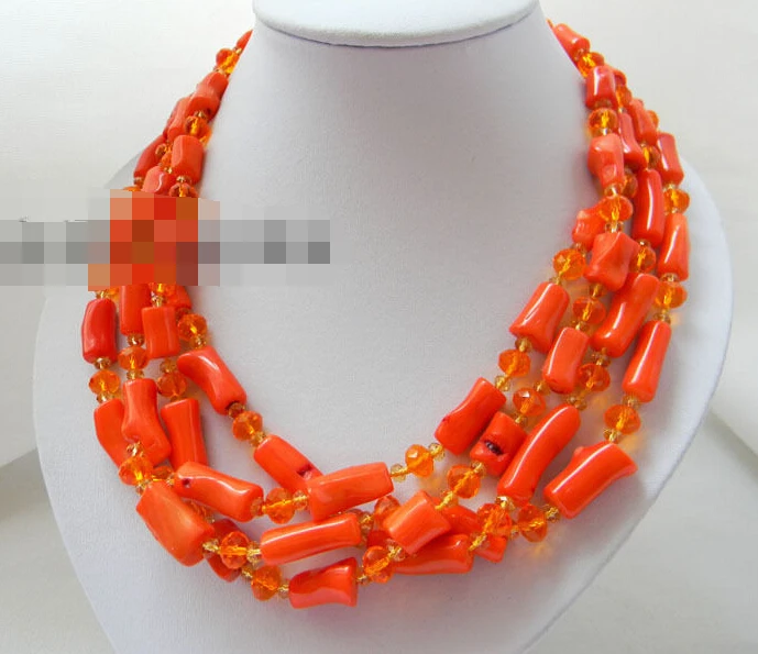 

1065 4trands 19'' Orange Coral Crystal Necklace