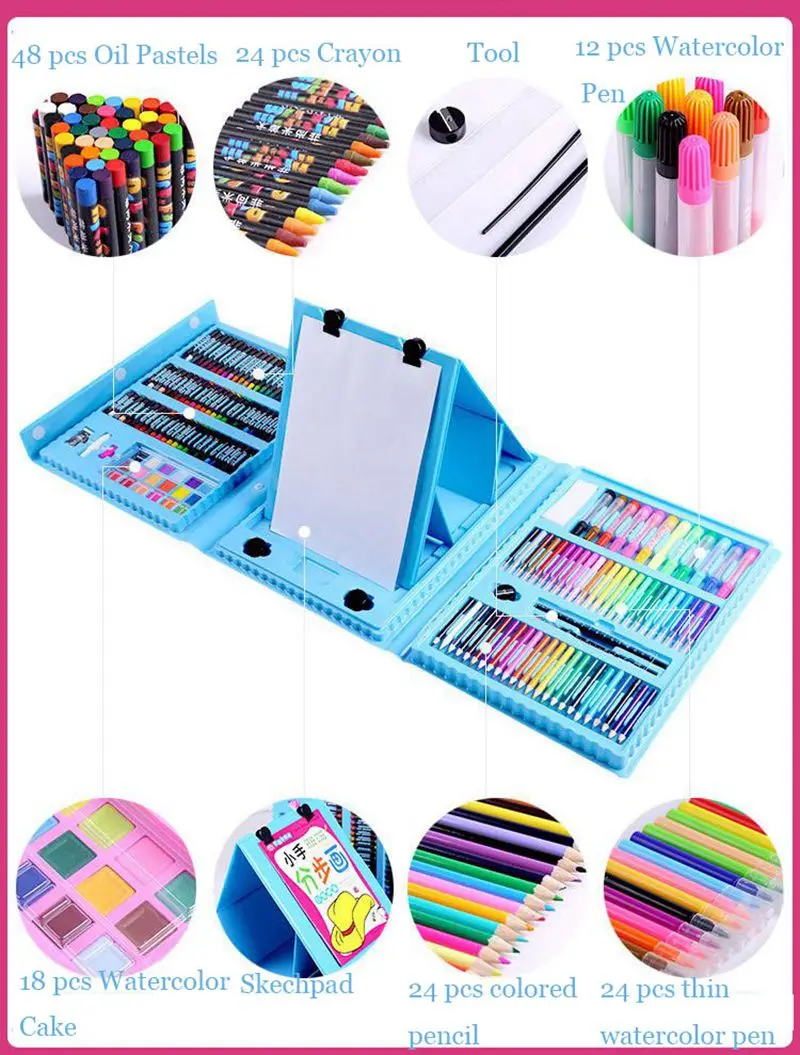 150pcs Painting Tool Kit For Kids Including Oil Pastels, Watercolor Pens,  Crayons, Pencils In A Graffiti Gift Box