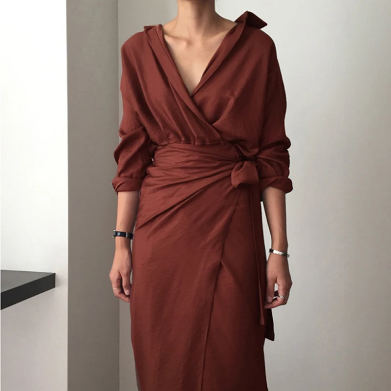 

2019 Spring Autumn Irregular Bag Hip Women Dress Strap V-neck Long Sleeve Solid Dress Casual Elegant Party Dress With Sashes