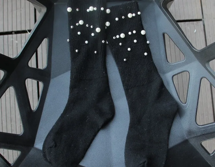 Осень/зима новые женские носки Высокое качество дизайн ручной работы жемчуг серебро бисером шерсть хлопок длинные носки для женщин