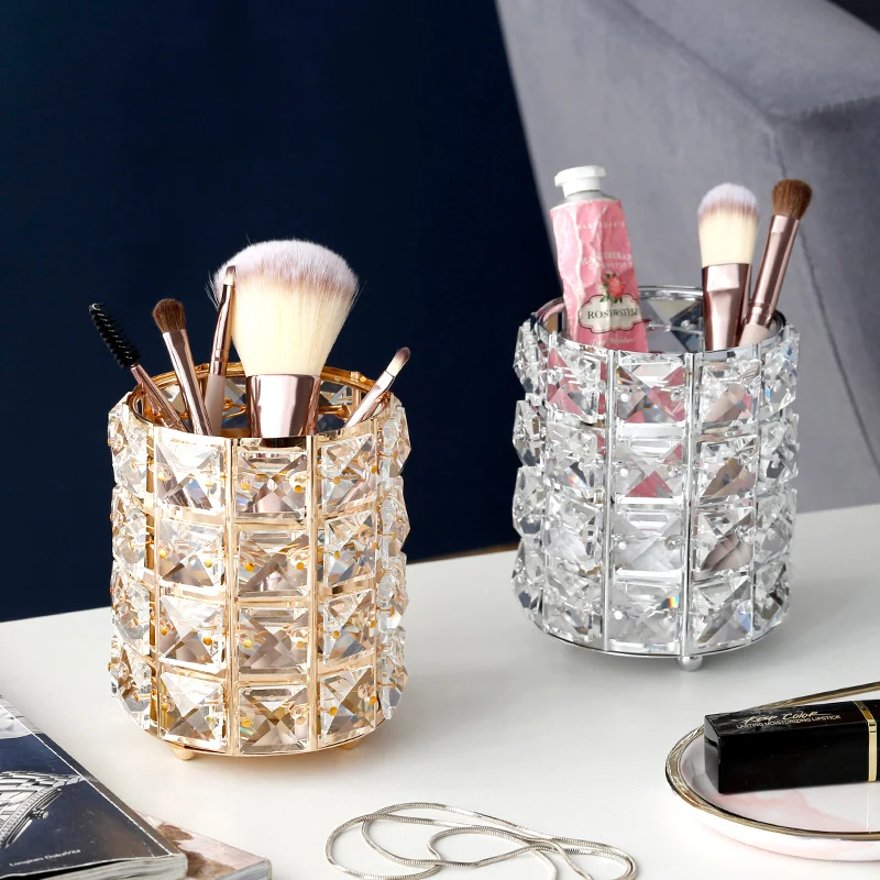 

Metal Makeup Organizer Brush Holder Box Crystal Jewelry Storage Box Tube Eyebrow Pencil Holder Cosmetic Desk Storage Box WF70151