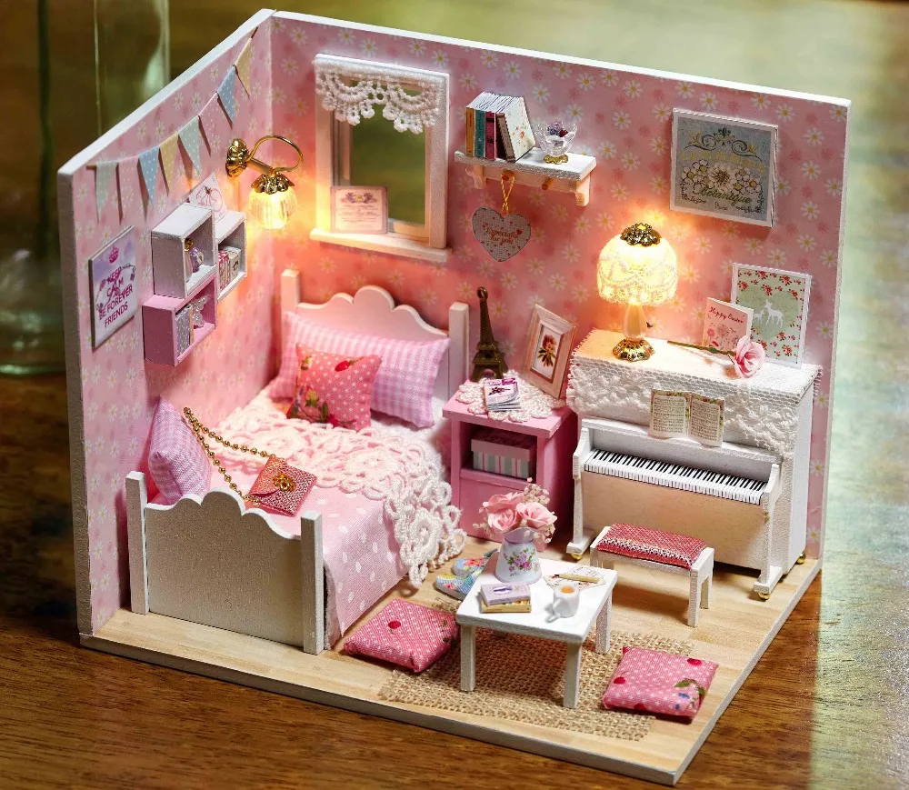 Кукольный дом мебель Diy Миниатюрный пылезащитный чехол 3d деревянный ручной работы Розовый кукольный домик игрушки со светодиодной подсветкой для детей рождественские подарки