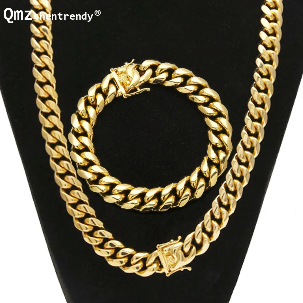 8mm/10mm/12mm/14mm Stainless Steel Miami Cuban Chain Necklace Bracelet Boy Men Fashion Dragon Lock Clasp Hip hop Jewelry Set