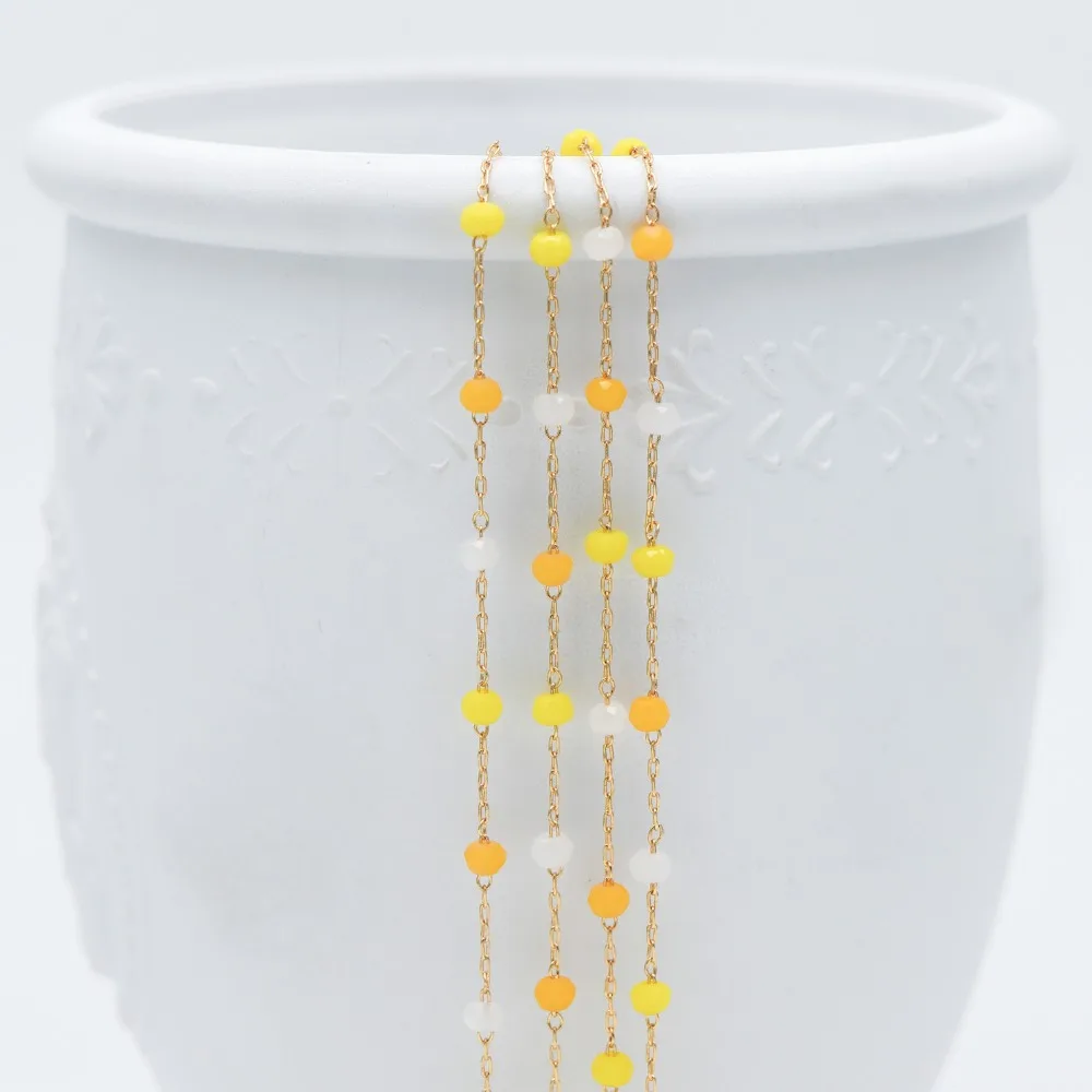 

Gold Crystal Beaded Chains, Gold plated Brass Cable Chain with Glass Beads, White Yellow Orange Mix Color (#LK-206)/ 1 Meter
