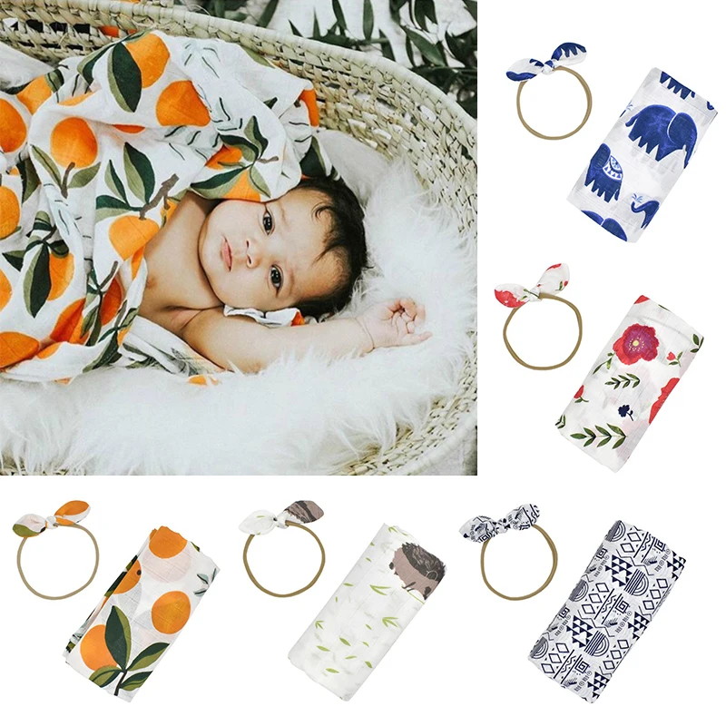 

2019 Toddler Infant Baby Swaddle Blanket hair band set Soft Sleeping Swaddle Cute Printed Cotton Wrap Headband Set Dropshipping