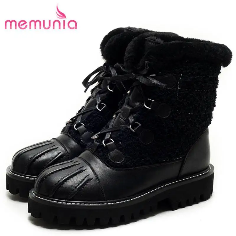 

MEMUNIA HOT 2018 fashion lace up synthetic+genuine leather boots round toe ankle boots for women flat with platform snow boots