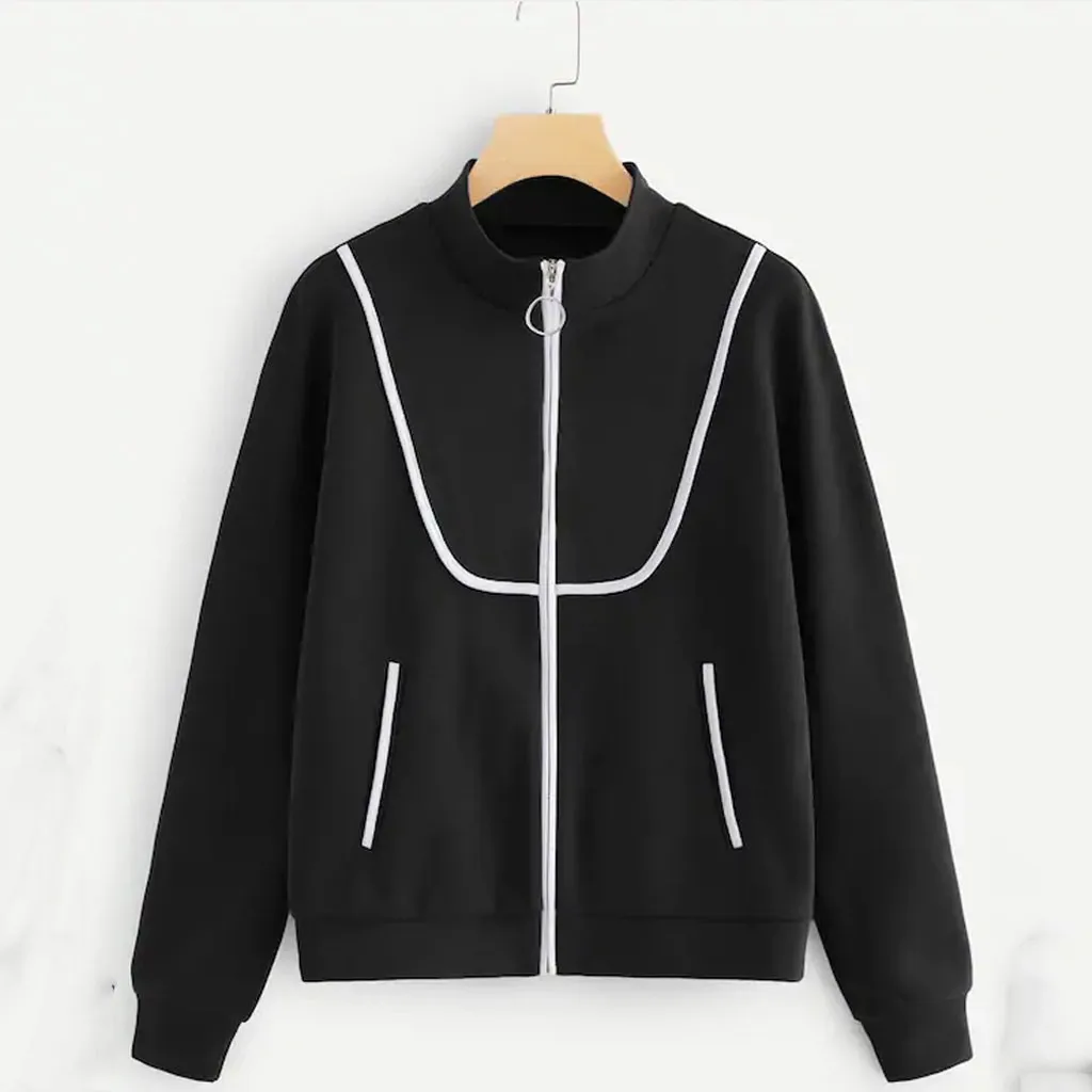 

Women's coat Long Sleeve Collision Strip Long Sleeve Pure Outwear Casual fashion new woman coats and jackets jaqueta feminina