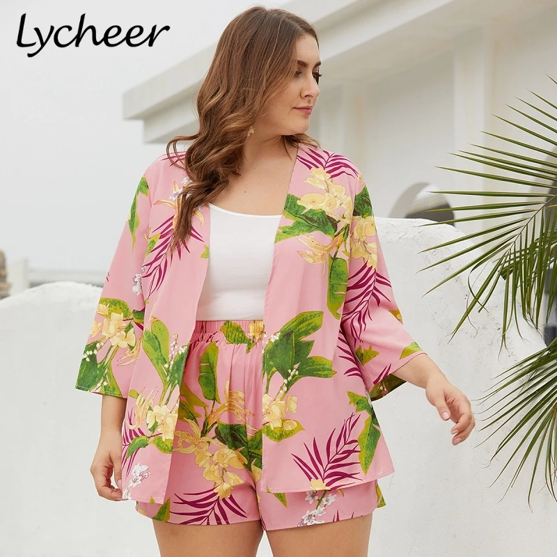 

Lycheer Plus size two piece set women summer playsuit Bohemian big size floral print jumpsuit romper Casual beach wear overalls