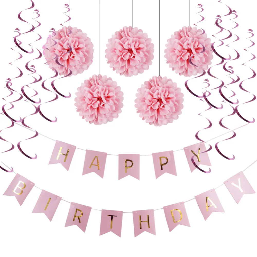 7 pcs/set Pink/Blue Paper Decorations for Girls/Boys Birthday Party Happy Banner Foil Swirls Pom Poms Decor | Дом и сад