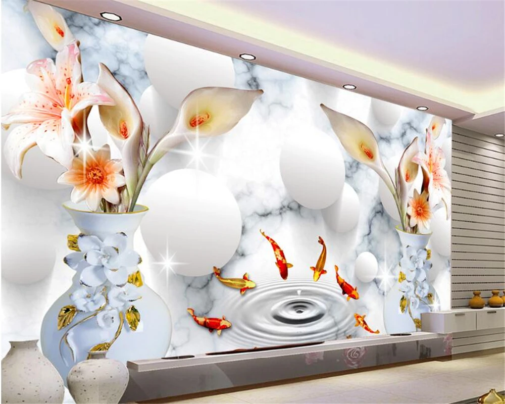 Beibehang романтическая мода бесшовные шелковые обои нефрита резьба девять рыба, ваза ТВ Украшение стены картина 3d обои скачать