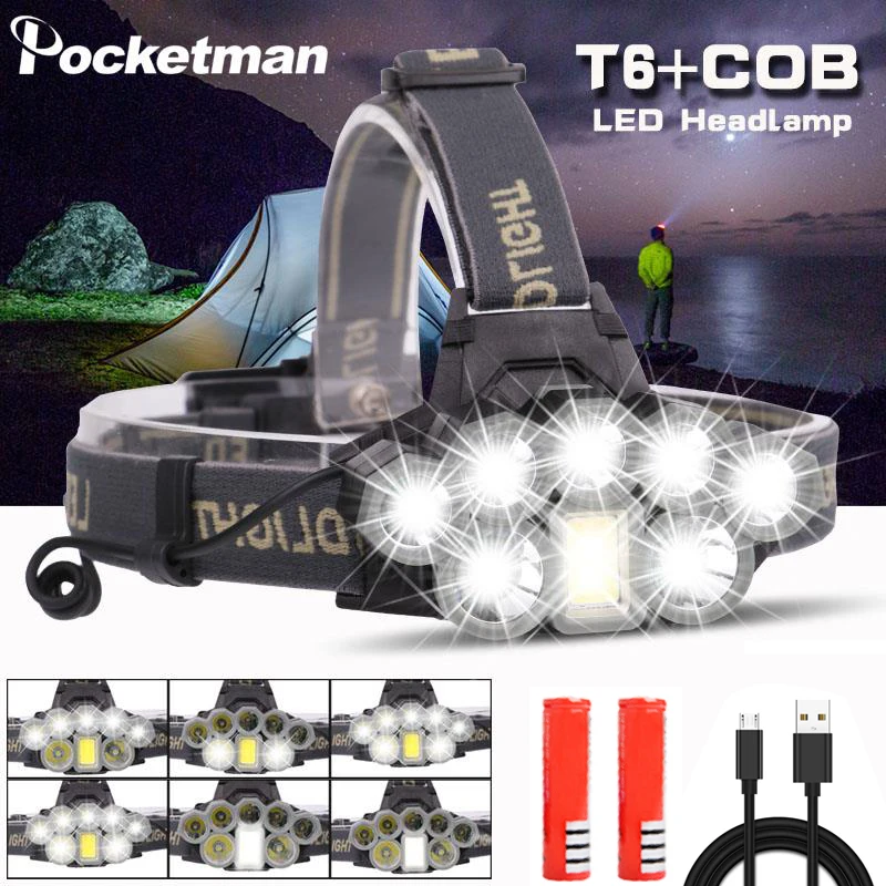cheap 80000lm Headlight Headlamp USB Rechargeable 2*T6+5*Q5+1*COB LED Head Lamp Flashlight Torch Head Light Lantern 18650 Battery