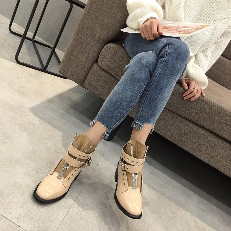 Celebrity Talons Avant Bottines Femmes Boots2019thick Daim noir Patchwork Bottes Punk Boucle Designer Cuir Laqué Beige Zip En Martin FKcl1J